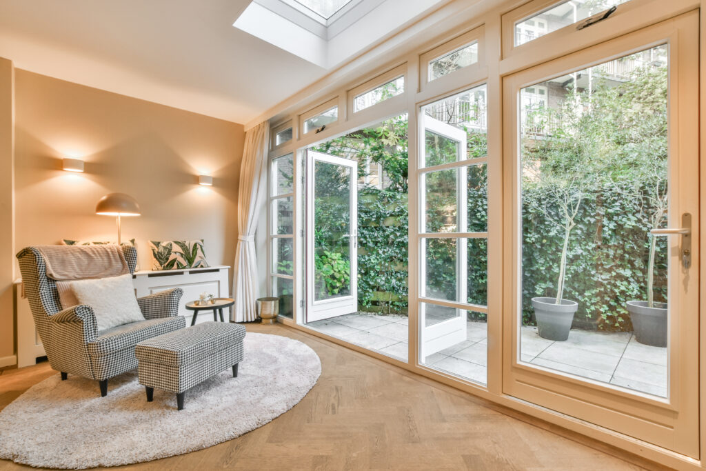 Luxury interior design of a modern house with windows and doors