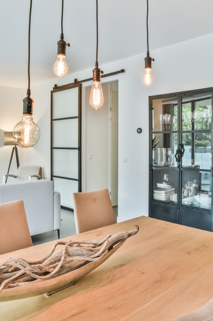 Stylish dining room with sliding door